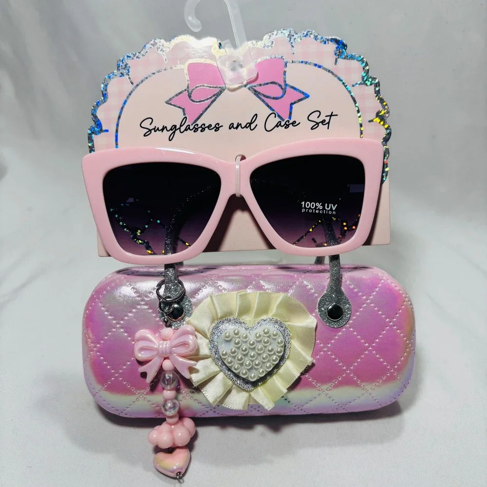 Kids Pink Sunglasses and Quilted Iridescent Heart Case Set UV Protection